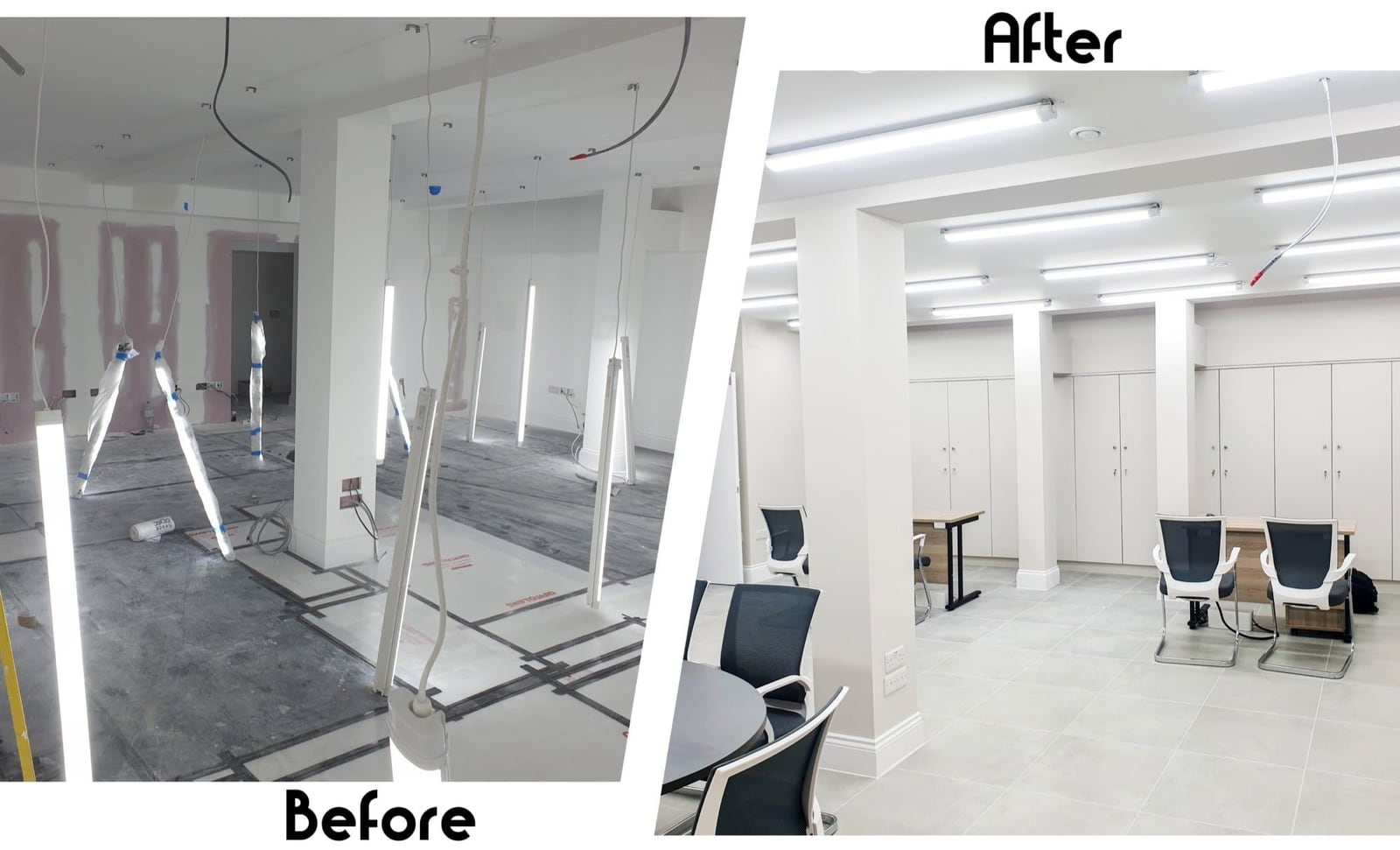 Before-and-after collage showing a commercial interior fit-out transformed into a bright finished workspace.