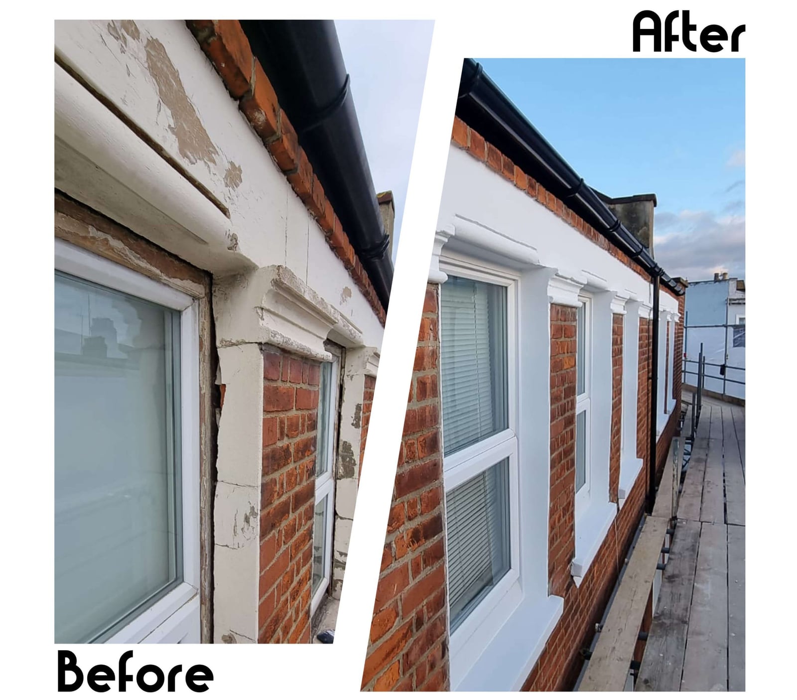 Before-and-after collage of exterior masonry repaired and repainted around rooftop windows.