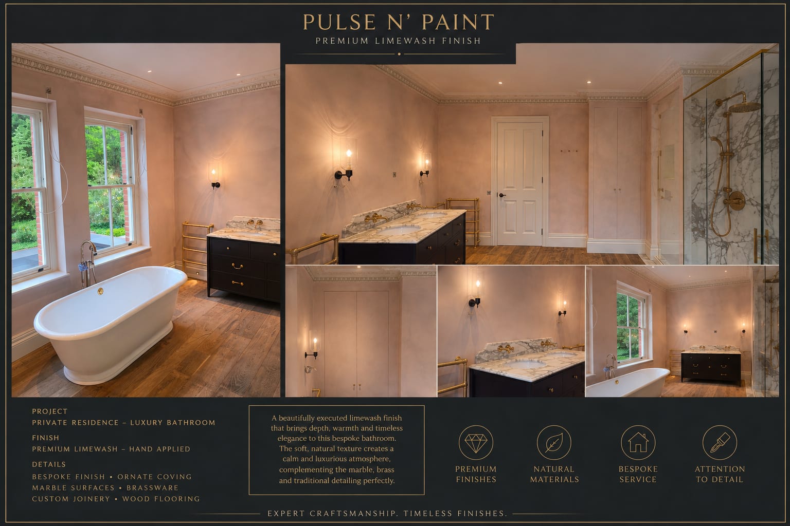 Luxury bathroom finished in soft pink limewash with freestanding bath and dark vanity.