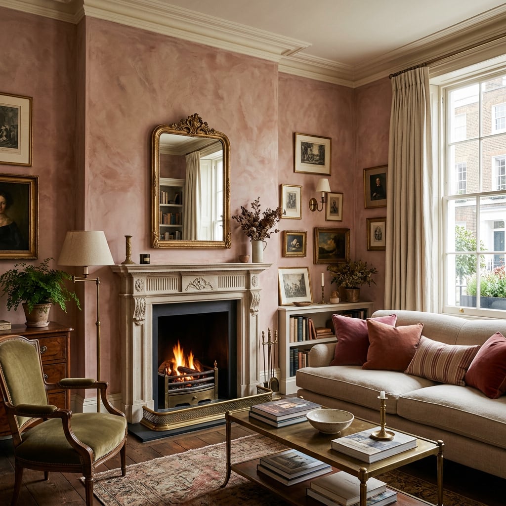 Warm rose-toned limewash walls with soft movement across a traditional living room.