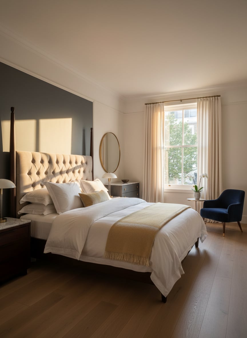Softly finished bedroom with crisp walls, clean timber flooring, and balanced natural light.