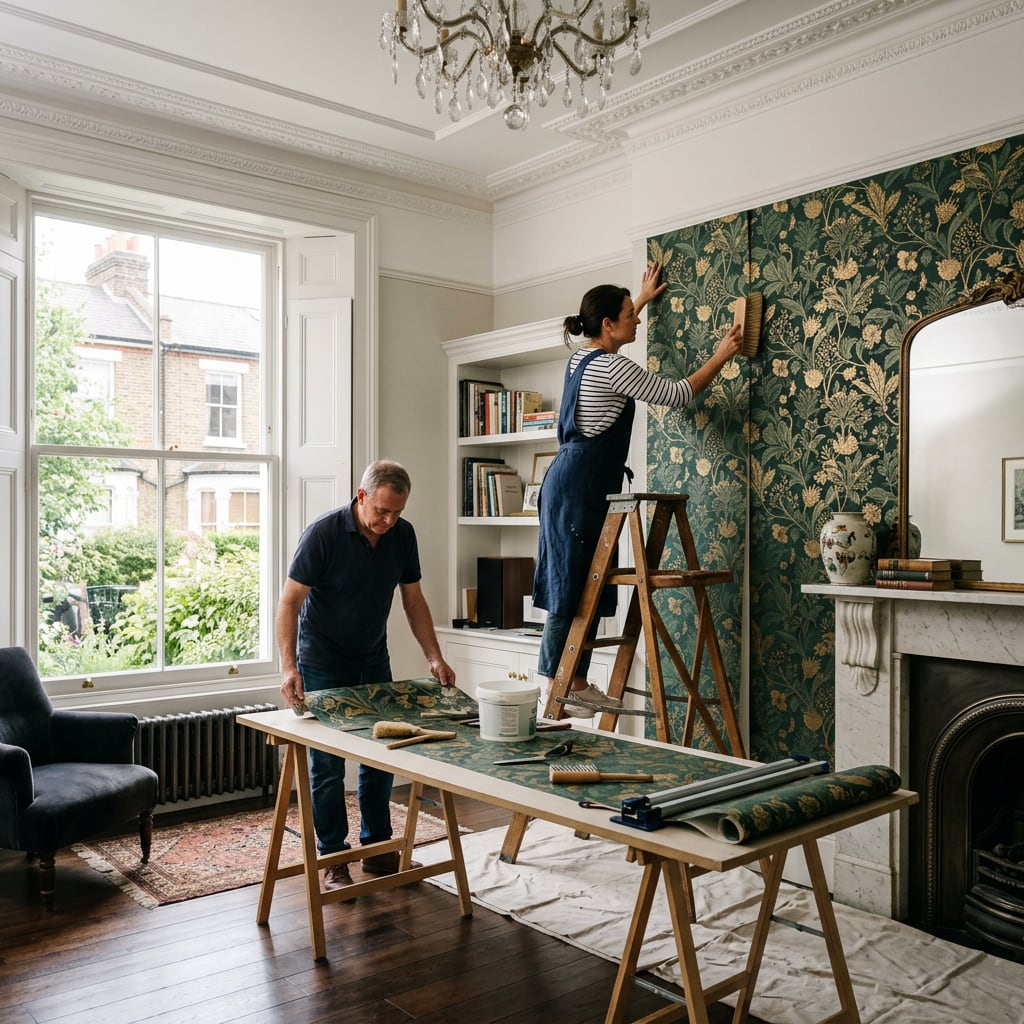 Decorator hanging patterned wallpaper in a classic London room with careful alignment.